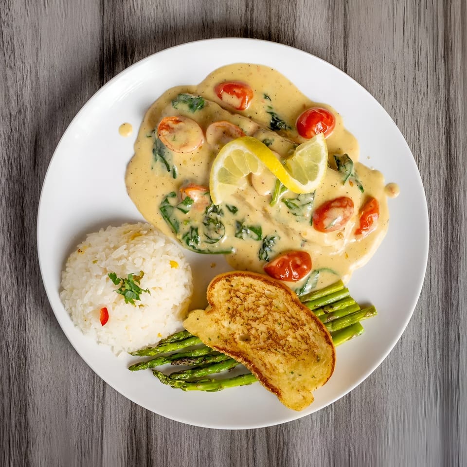 Chicken in creamy sauce with spinach, tomatoes, lemon, rice, asparagus, and garlic bread.