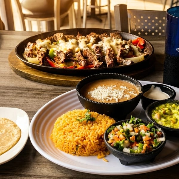 Sizzling beef fajitas with melted cheese, rice, beans, guacamole, pico de gallo, and tortillas on a wooden table.