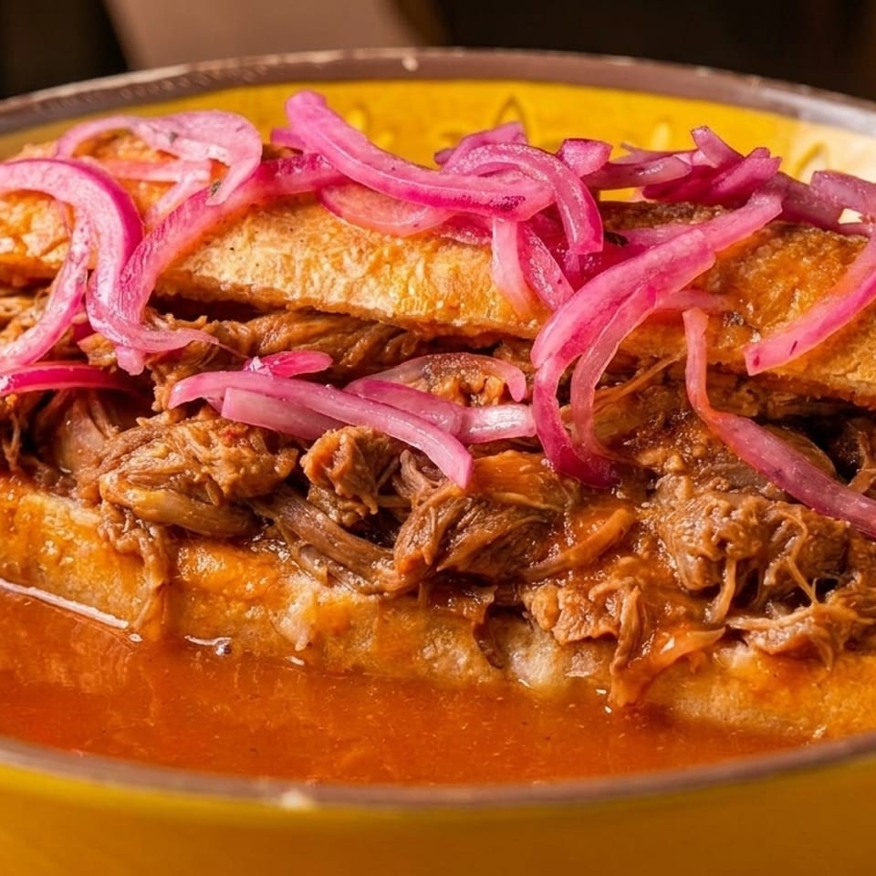 A torta ahogada, a Mexican sandwich, filled with shredded meat and topped with pickled red onions.