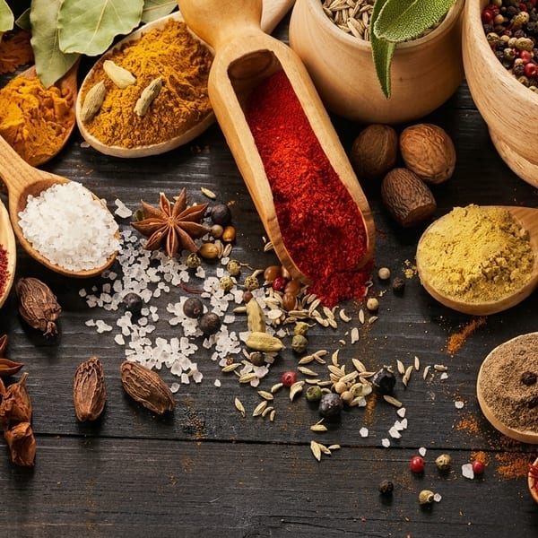 Various colorful spices and herbs, including cinnamon, chili, and star anise, arranged on a dark wooden surface.