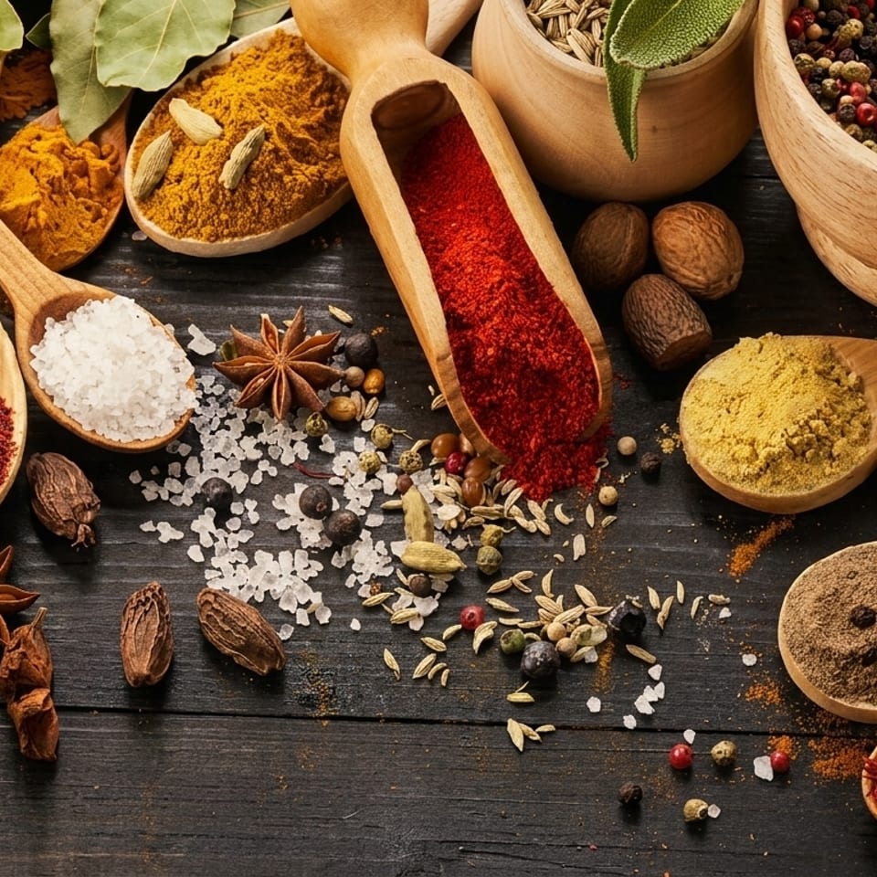 Various colorful spices and herbs, including cinnamon, chili, and star anise, arranged on a dark wooden surface.