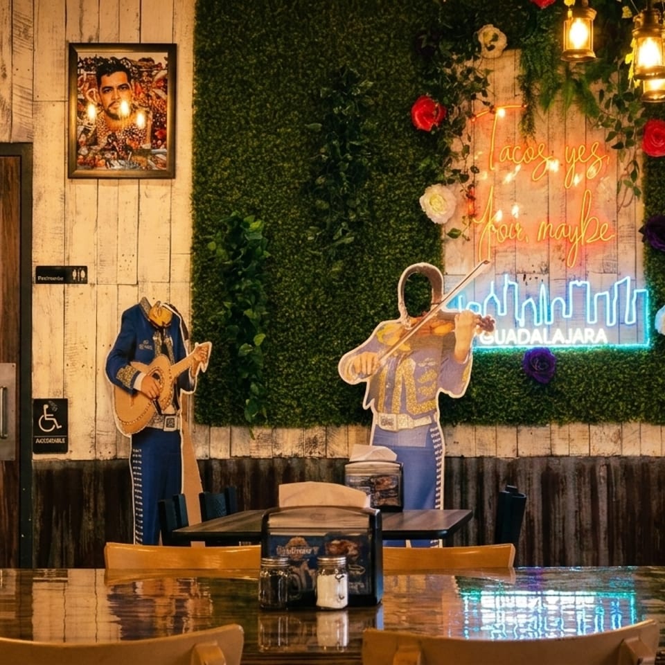 Restaurant interior with mariachi cutouts, a neon sign, and wooden tables under warm hanging lights.