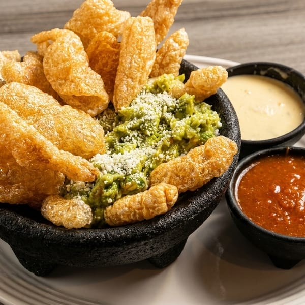Guacamole topped with cotija cheese and chicharrones, served with salsa and queso in black bowls.