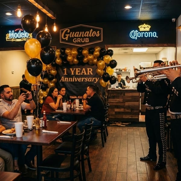 Mariachi band playing trumpets for guests at Guanatos Grub's 1-year anniversary celebration.